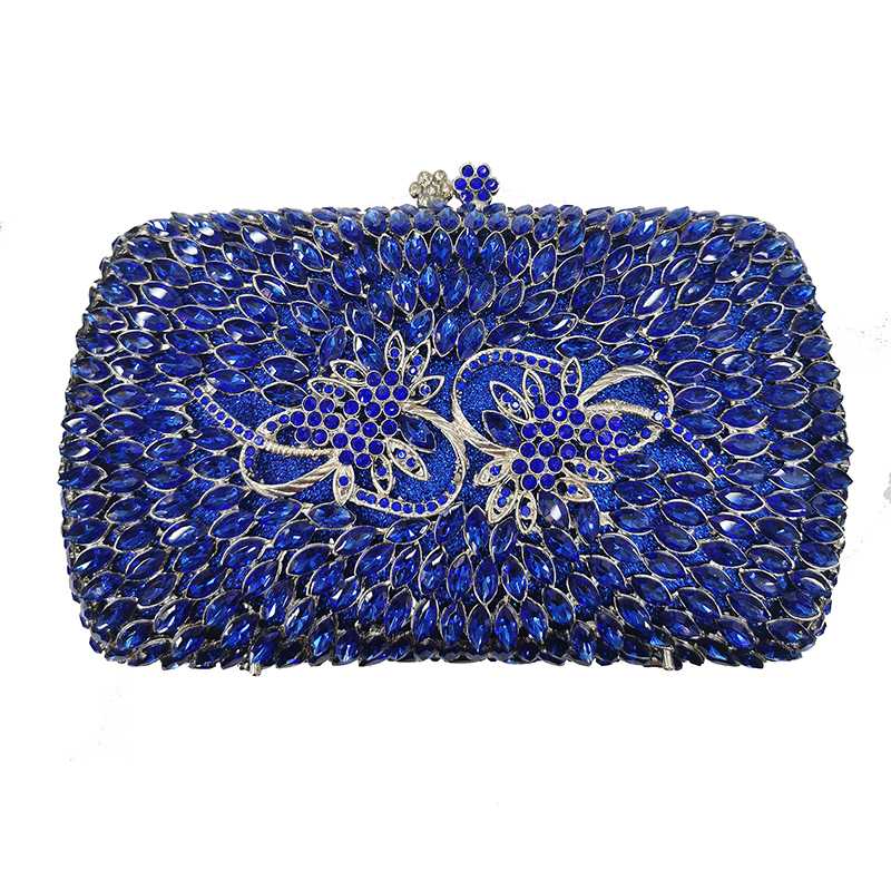 

Silver Metal Blue Crystal Clutch Rhinestone Chain Shoulder Handbags Women Bags 2020 Diamond Flower Clutches