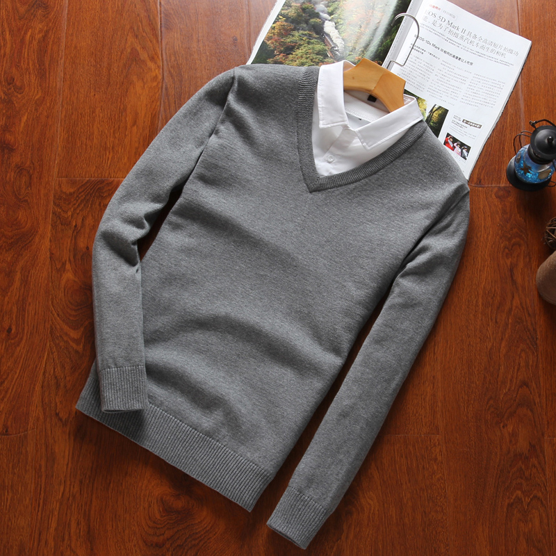 

XMY3DWX Men's fall pure color v-neck slim Fit leisure Set head Knitting sweater/male Loose and comfortable sweaters, Gray