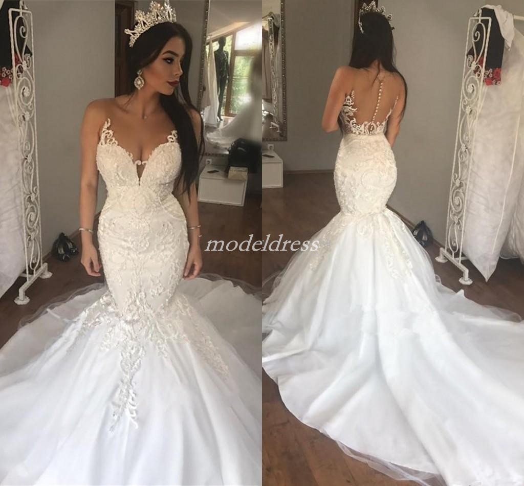 

Arabic See Through Mermaid Wedding Dresses Sheer Neck Sweep Train Appliques Chapel Garden Country Plus Size Bridal Gowns vestido de novia, Champagne