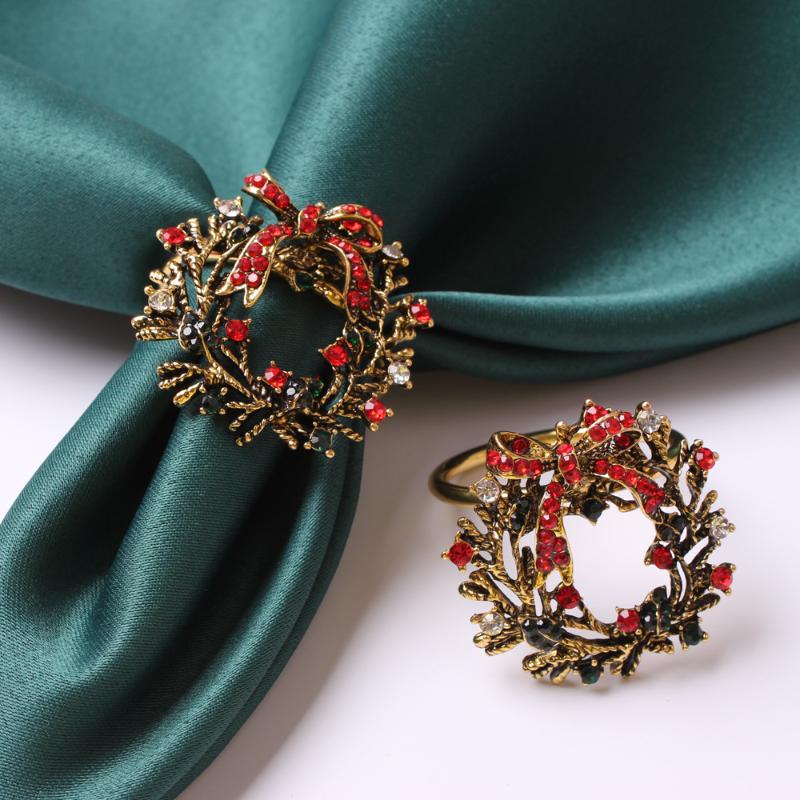 

TAI Top 12Pcs Crystal Bowkont Christmas Wreath Napkin Rings Wedding Party Towel Buckle Napkin Holder Hotel Dinner Table Decor