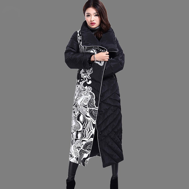 

White Duck Down Jacket Women Winter Goose Feather Coat Long Overcoat Turn-down Collar Parka Warm Outerwear, Black