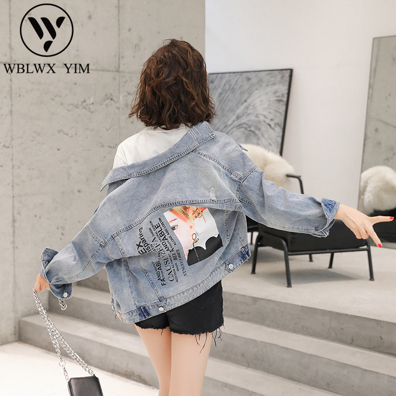 

2019 Korean short Denim jacket female Fashion print long sleeve hole Jeans jacket women Casual loose plus size -3XL Denim coat, Light blue