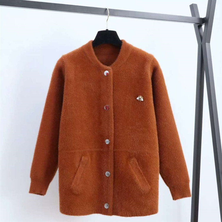 

New women's autumn coat jacket cardigan loose round neck solid color woolen coat wool, Pink