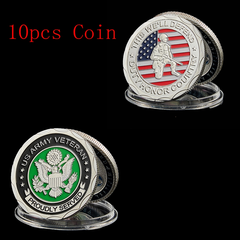 10PCS American Army Crafts Veteran Proud Served This We'll Defend Duty Honor Country Military Silver Plated Challenge coin-image-534379960