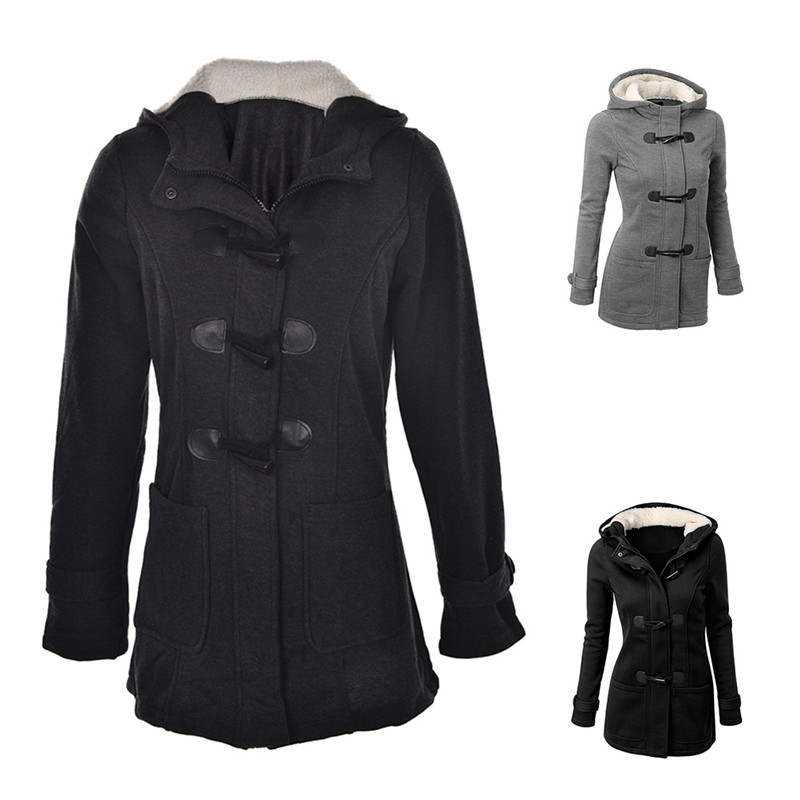 

New Women's Trench Coat Autumn Thick Lining Winter Jacket Overcoat Female Casual Long Hooded Coat Zipper Horn Button Outwear, Black