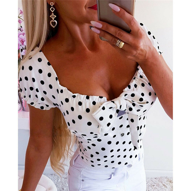 

Women Summer Bow Polka Dots Vintage Blouse Short Sleeve Crop Tops Shirt New 2019, Red