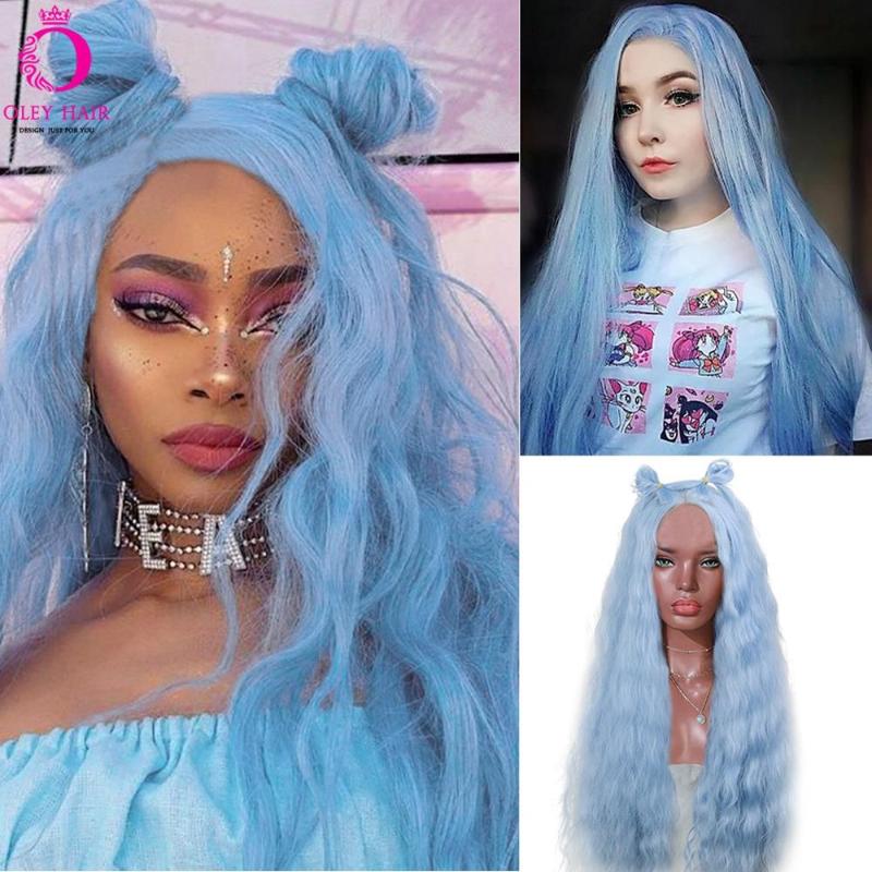

OLEY Hair Heat Resistant Synthetic None Lace Wig High Density Long Straight Blue Wig Glueless Wavy Cosplay Wigs For Black Women, Wavy blue color