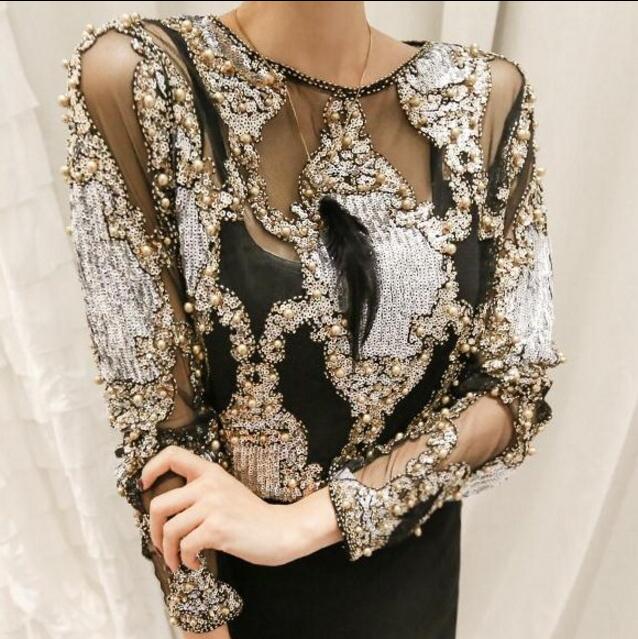 

Brand famous 2018 women crystal Blouses sexy lace beads autumn winter top and shirts blusa femme camisa wholesale, Beige