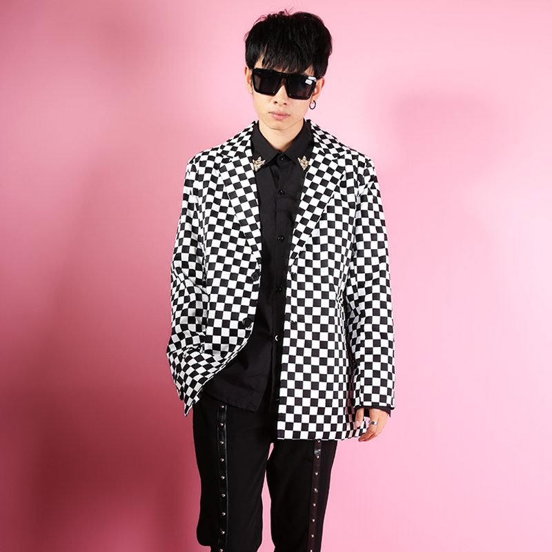 

Loose Dress Black White Plaid Casual Jacket Male Stage Costumes Streetwear Fashion Hip Hop Blazer Suit Coat, Only jacket