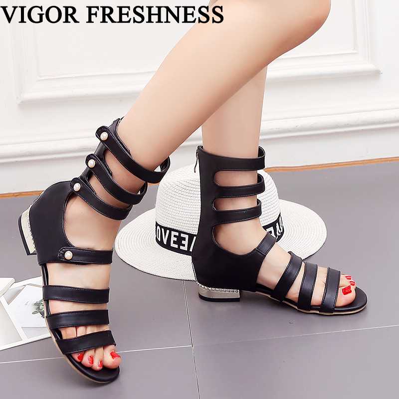 

VIGOR FRESHNESS Women Sandals Summer Shoes 2.5CM Heels Sandals Woman Shoes Gladiator Sizes 34-48 Sexy Rome MY498, Black