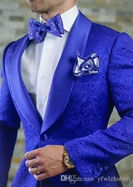 

Royal Blue Embossing Wedding Tuxedos Slim Fit Suits For Men Groomsmen Suit Two Pieces Cheap Prom Formal Suits (Jacket+Pants+Tie) 162, Same as image
