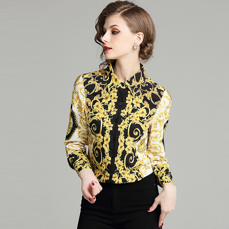 

New Runway Women's Luxury Vintage Baroque Floral Print Silk Shirts Spring Fall Office Ladies Slim Long Sleeve Lapel Neck Blouses Shirts Tops, Customize