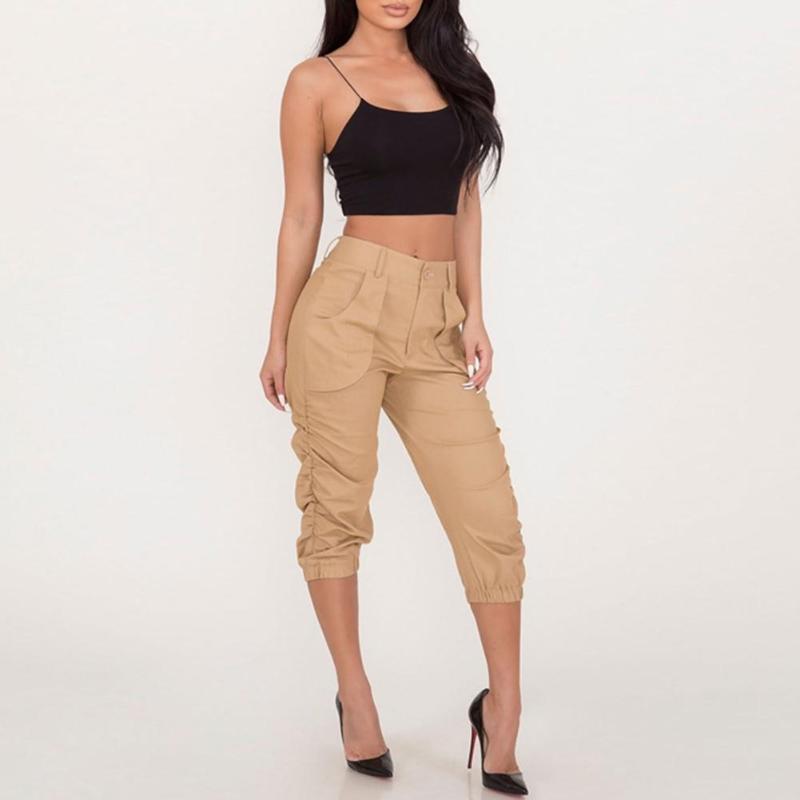 

Women Summer Solid Color High Waist Pockets 3/4 Harem Trousers Cropped Pants, Black