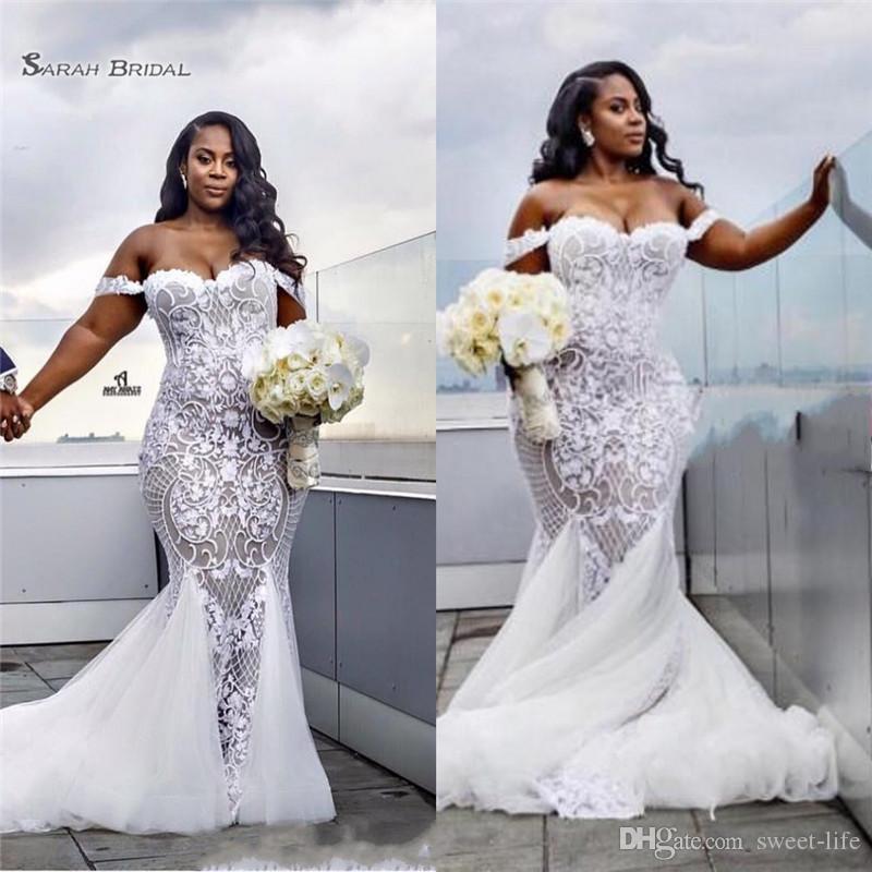 

2020 Mermaid Off Shoulder Lace Plus Size Trumpet Wedding Dresses African Bridal Dress Formal Bride Party Gowns, Champagne
