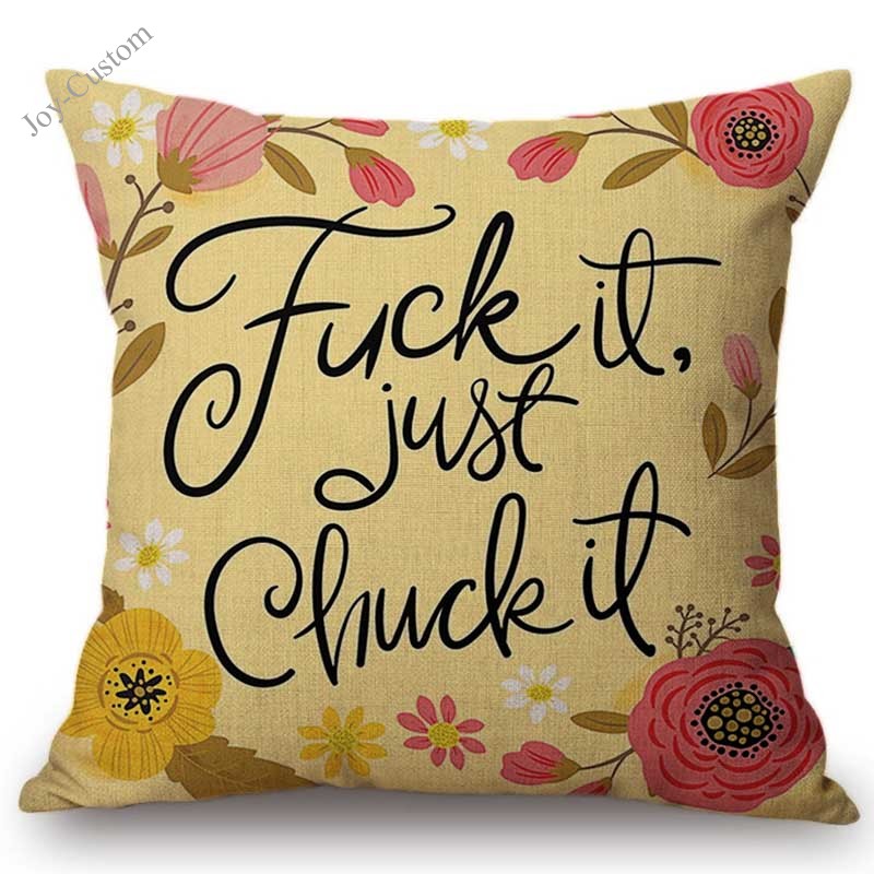 

18" Yellow Pink Floral Ironic Letter Home Decorative Pillowcase Four Letter Word Self Mockery Cynic Cotton Linen Cushion Cover, Beige