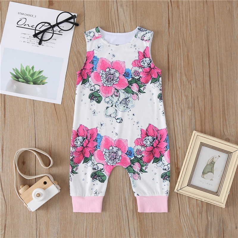 

3-18M Infant Baby Girl Floral Print One-Piece Rompers Sleeveless Trousers Romper Playsuit Toddler Baby Romper Casual Playsuit, As pic