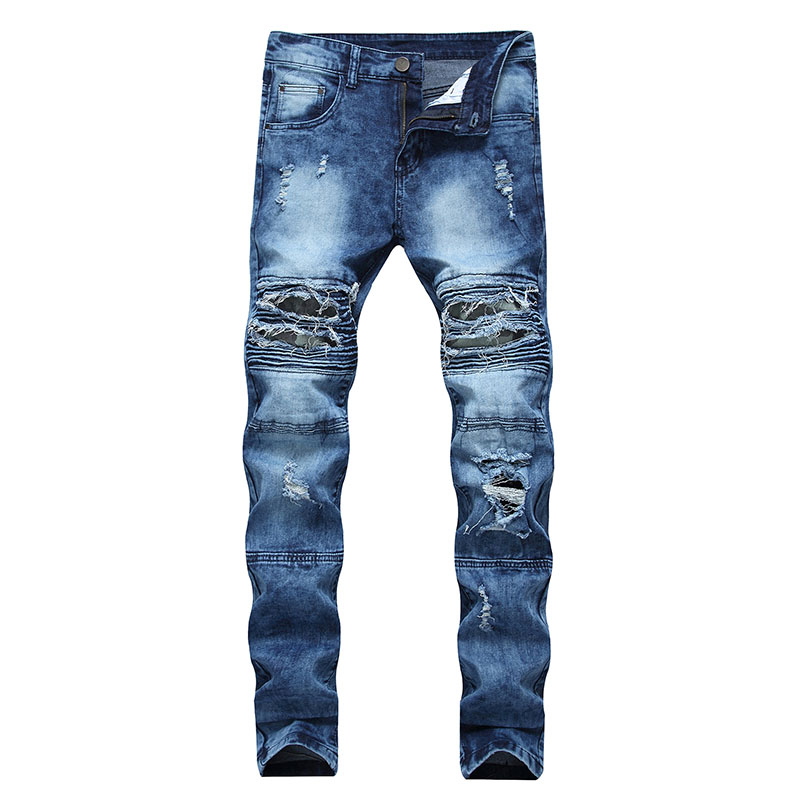 

New Men Biker jeans Vintage Patchwork denim Pants Knee Holes Ripped Draped Sratched Panelled Washed high quality, T-2090