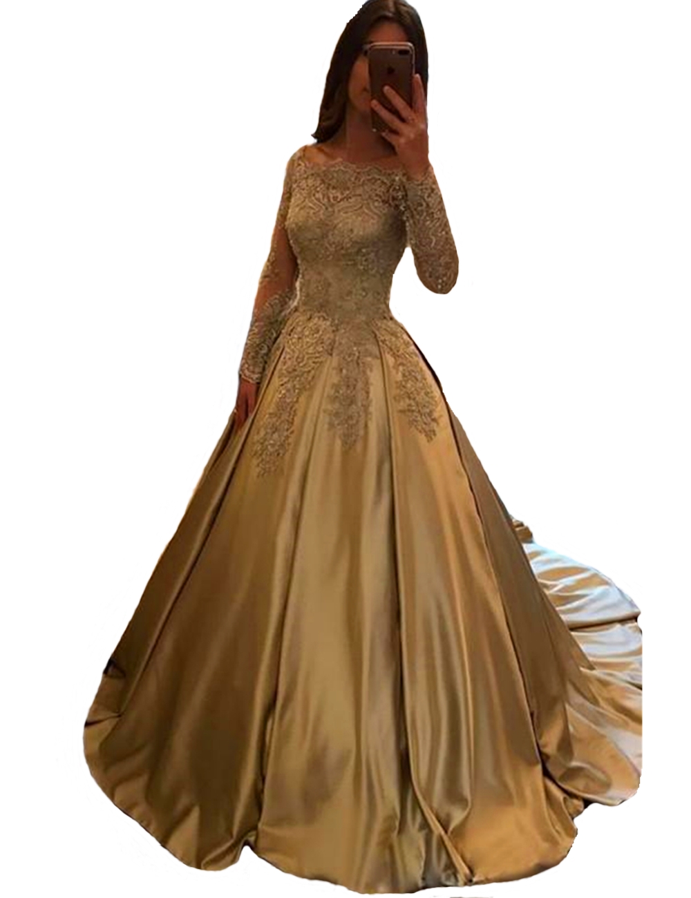 

Elegant 2021 Gold Long Sleeve Formal Evening Dresses Off Shoulder Sheer Lace with Train Beaded Vintage Women Reception Dress Gowns for Prom, Dark green
