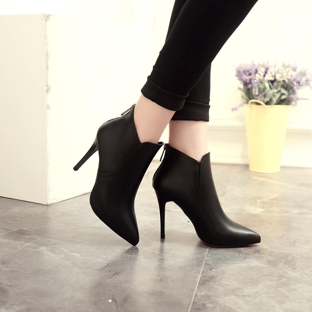 

Bottom Shoes Boots Thin Heels Woman Dress Black Microfiber With Red Sole Pointy Toe PU Leather Ankle Bootie Y200115, 7cm black