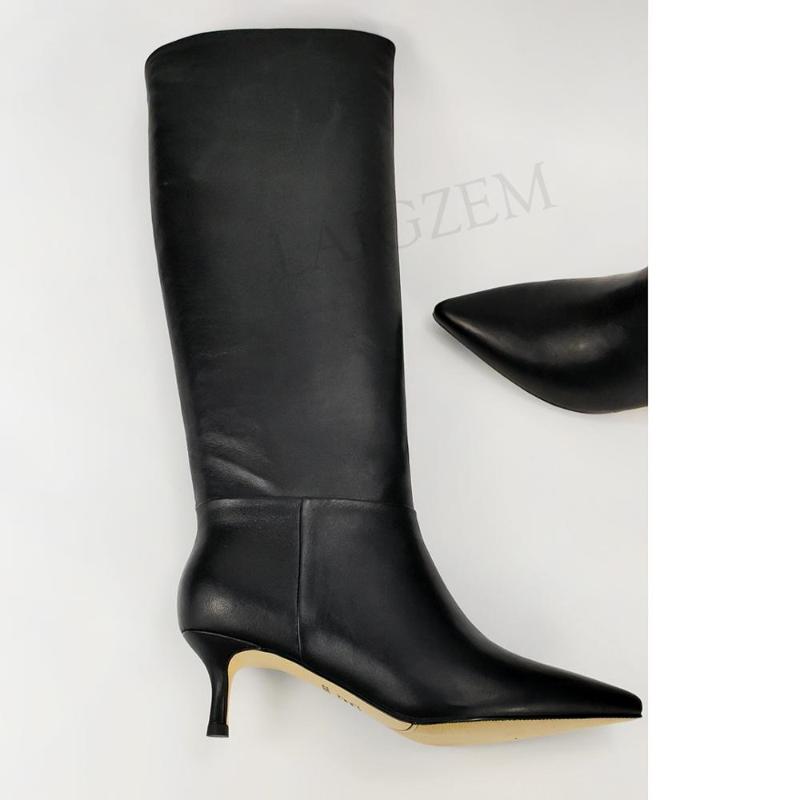 

100% Handmade Women Knee High Boots 5.5CM Low Heels Side Zip Ladies Real LEATHER Shoes Woman Botas Soft Size 37 38 39, Black