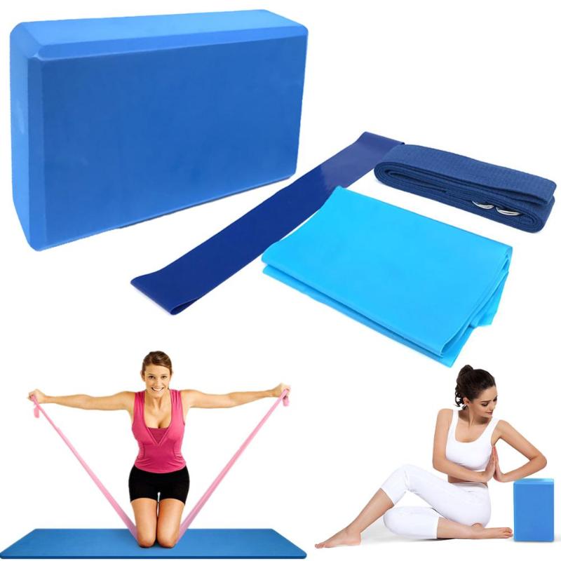 

4pcs Yoga Equipment Set Yoga Blocks Stretching Strap Resistance Loop Band Exercise Band Mat Block Stretching, Blue