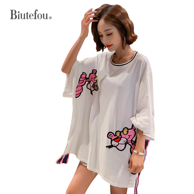 

2019 Summer cartoon print large size t-shirts loose tops women batwing sleeve t-shirts, White