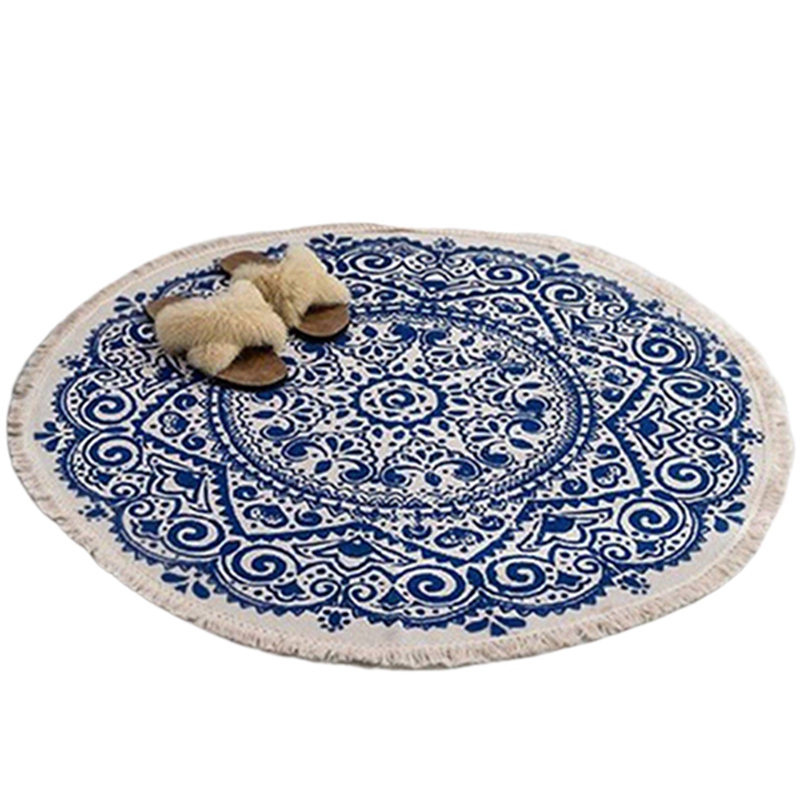 

ELEG-Morocco Round Carpet Bedroom Boho Style Tassel Cotton Rug Hand Woven National Classic Tapestry Sofa Cushion Tatami Floor Ma, Blue black