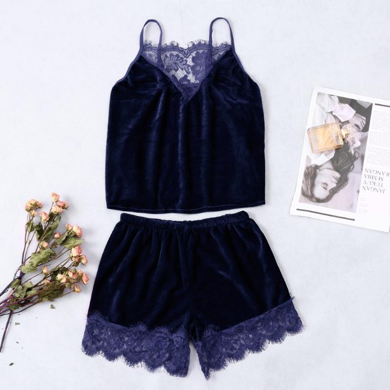 

Two Piece Set Womens Suede Sleepwear Ladies Female Lingerie Camisole Lace Shorts V-Neck Tops Velvet Pajamas Sleepwear -2XL #J