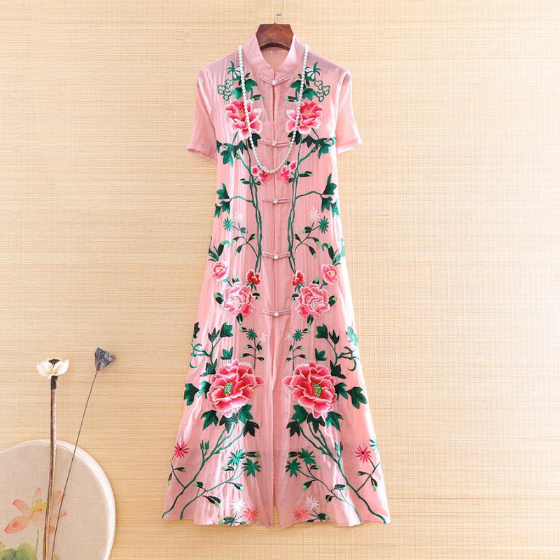 

High-end Summer Women Chinese Style Floral Qipao Embroidery Peony Elegant Lady A-line Cheongsam 2 Pieces Dress S-XXL