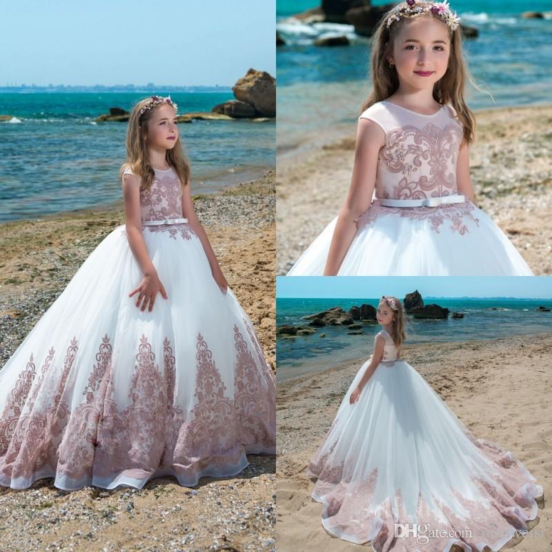 

2020 Spring Flower Girls Dresses For Weddings Vintage Jewel Neck Sash Lace Net Baby Girl Birthday Party Gowns Kids First Communion Dress, Yellow