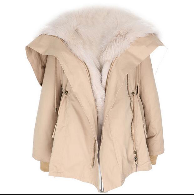 

Loose style fox fur lining khaki short women parkas Liner Detachable thick fox fur YKK zipper, Gray blue