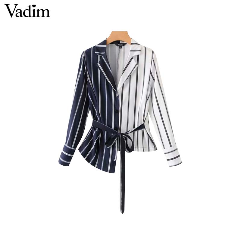 

Vadim women stylish striped blouses asymmetrical patchwork design bow tie sashes long sleeve shirts female cute casual top LA376, As picture