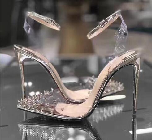 

Newest Red Bottom High heels Genuine leather Woman pumps Crystal Woman High Heels Pointed toe Rivet Wedding Shoes Full Original Packaging, Silver