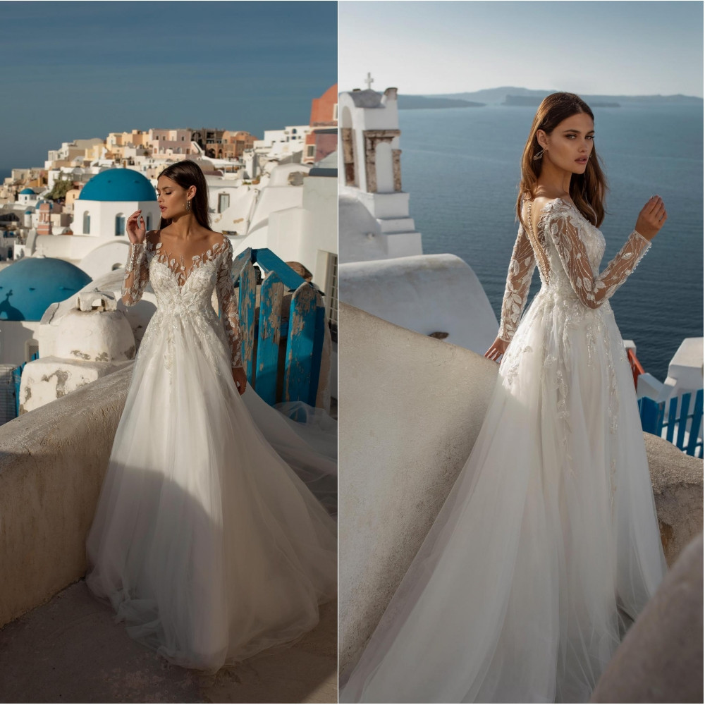 

2020 Wedding Dresses Scoop Neck Long Sleeve Lace Appliques Beads Bridal Gowns Button Back Sweep Train A Line Wedding Dress Robe De Mariee, Pink