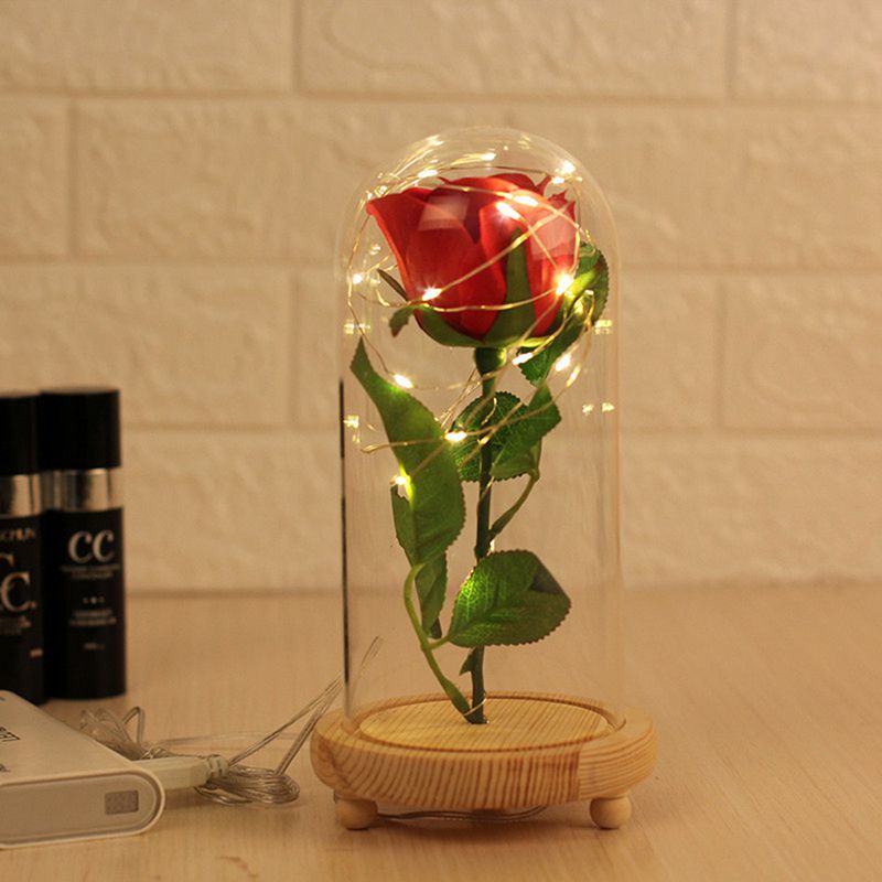 

USB Powered Artificial Silk Rose Flowers in Glass Dome with LED Light String On Wooden Base Great Gift for Women Girls