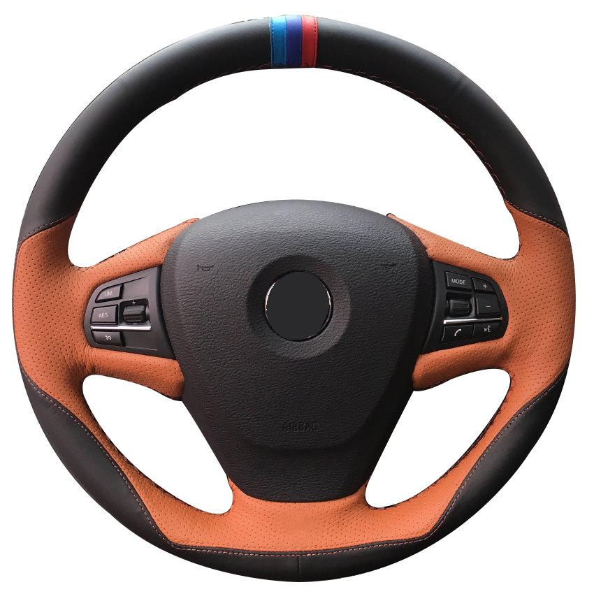 Hand sewing custom Black Leather Brown Leather Car Steering Wheel Cover for BMW F25 X3 2011-2017-image-553333560