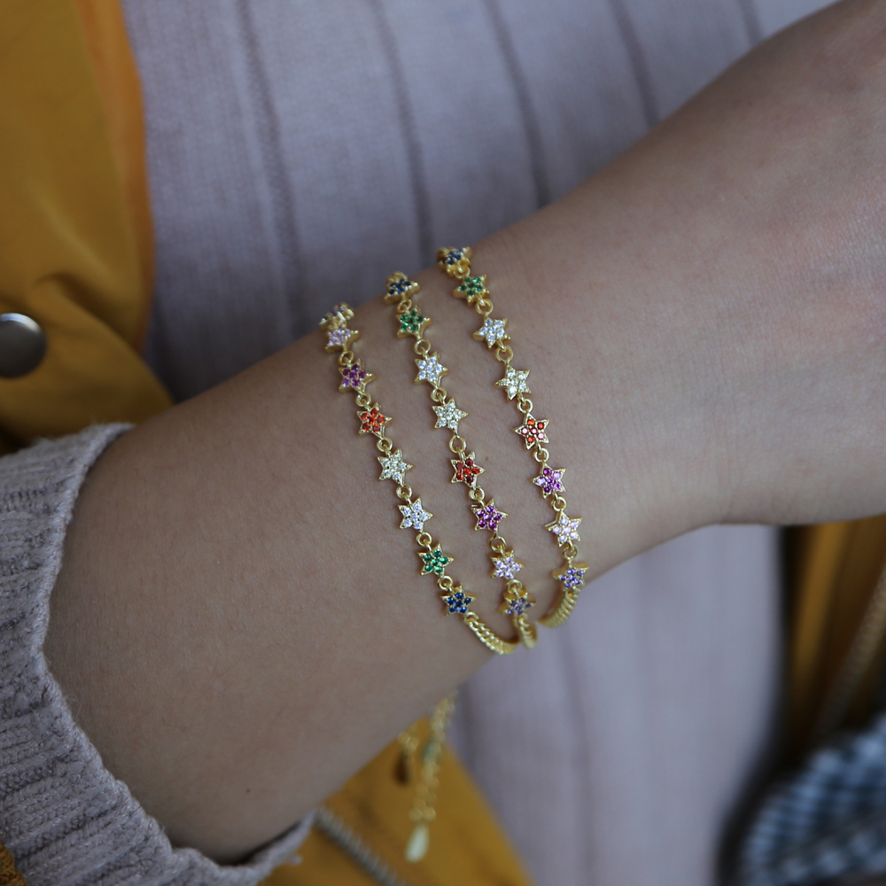 cz star design for 2024 christmas cuban link chain gold plated women latest new design colorful star charm bracelet