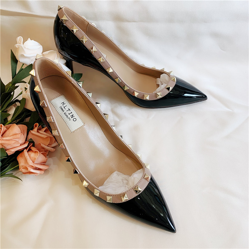 

New high heels Designer sandal Sexy fashion women pumps Black leather spikes point toe dress shoes party shoes wedding heeeled
