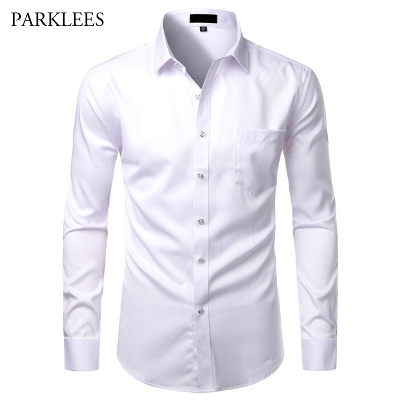 

White Mens Bamboo Fiber Shirts Casual Slim Fit Button Up Dress Shirts Men Solid Soical Shirt With Pocket Formal Business Camisas, Pink