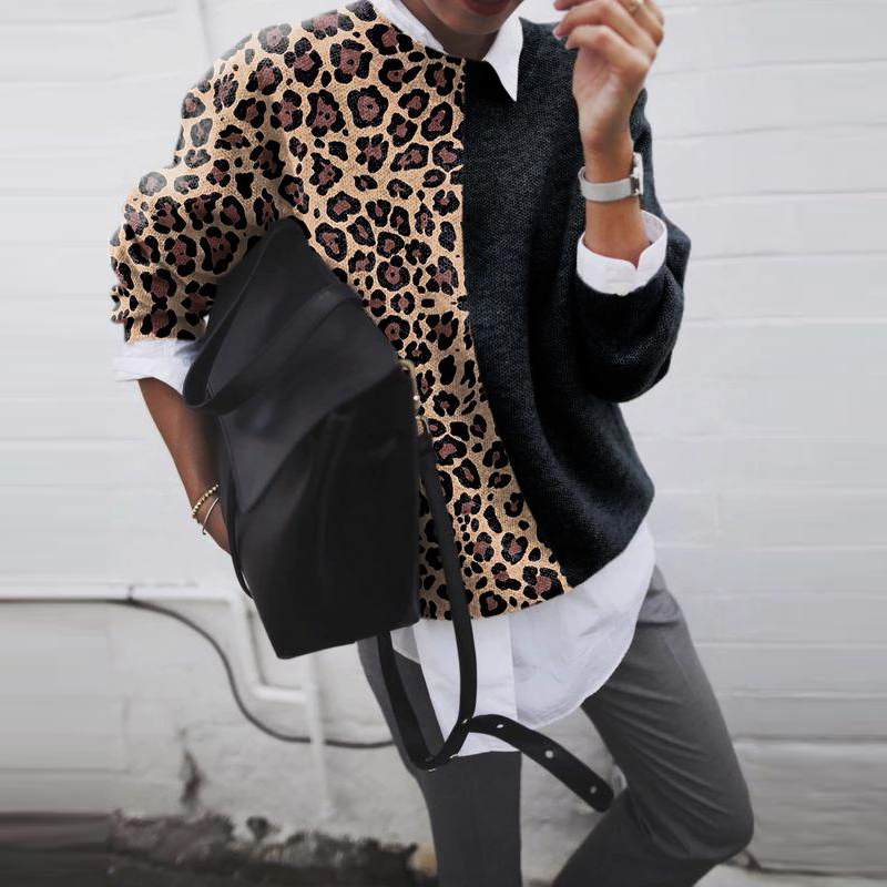 

Leopard Patchwork Shirt Collar Sweater Women Winter Warm Kwholesale Knitted Sweater Female Batwing Long Sleeve Pullover Tops XXL, White