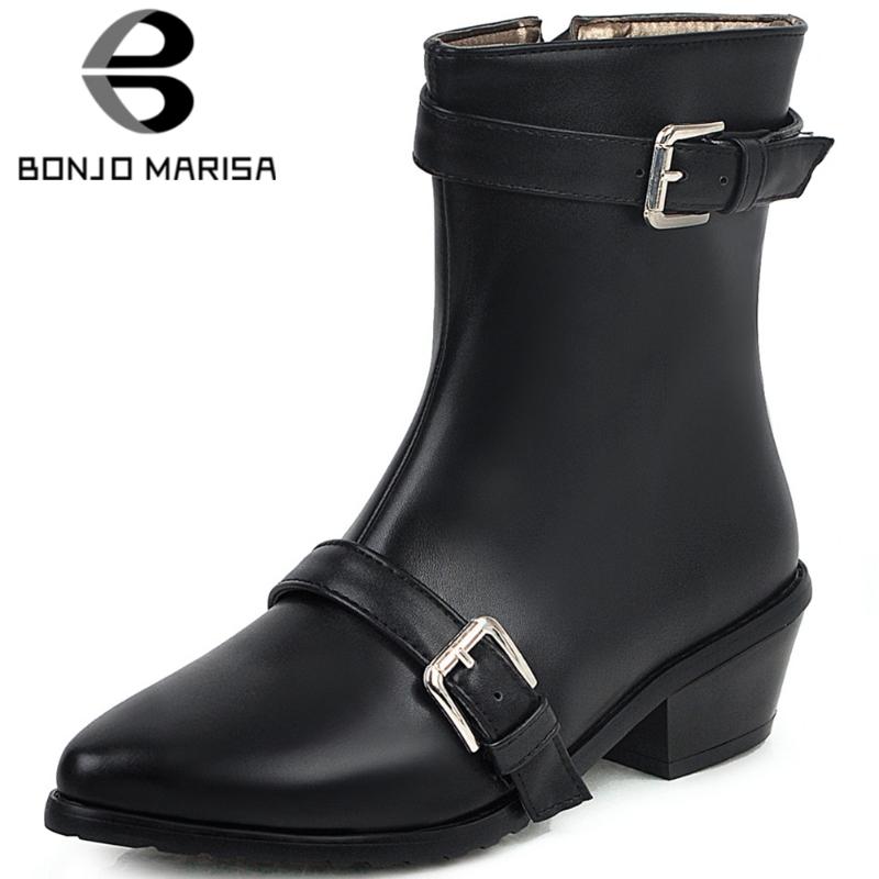 

BONJOMARISA Fashion Lady Buckle Ankle Boots Low Heels Pointed Toe Boots Women Office Zipper Autumn Winter Shoes Woman, White add fur