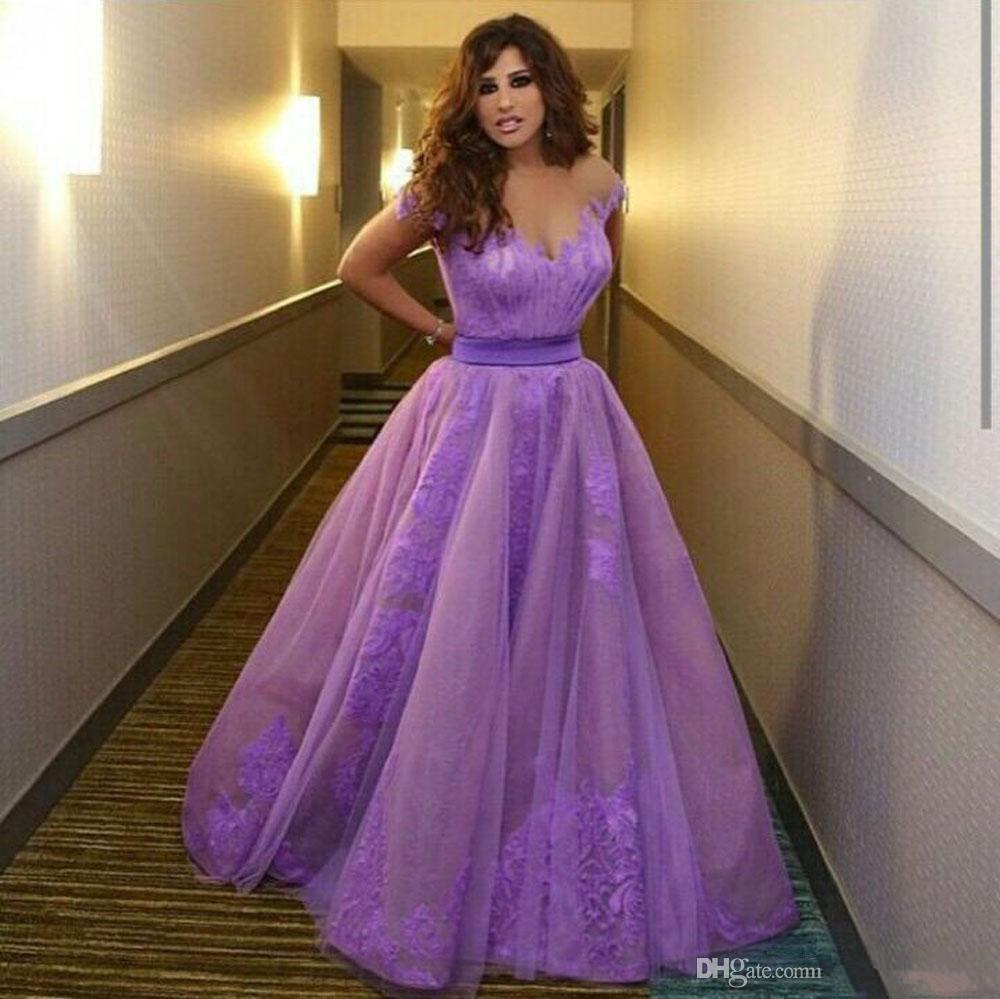 Said Mhamad Purple 2020 Evening Dresses Sheer Neck Lace Applique Floor Length Formal Help Party Evening Gowns Off Shoulder Wear Beat Quality