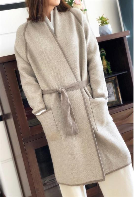 

pure cashmere twill striped women fashion long cardigans overcoat matching waist belt one&over size, Beige camel
