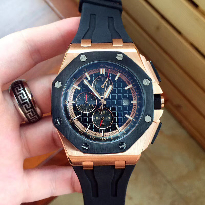 

Luxury Royal Mens Watch 26401RO Quartz Movement 45MM Sapphire Dial Transparent Back 316 Stainless Steel Case Rubber Strap Men's Gift, Black