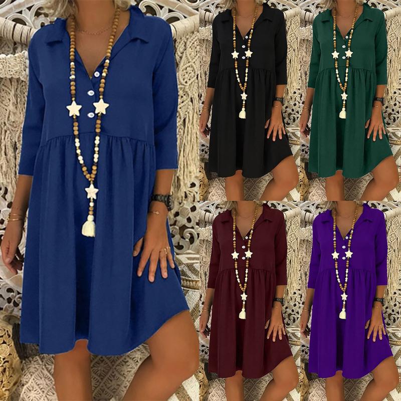 

Summer Clothes for women Plus Size Women V-neck Pure Color Dress 3/4 Sleeve Tunic Dress vestidos de noche vestidos de verano, Red
