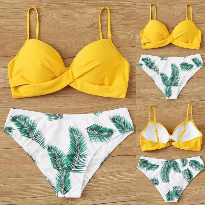 

2020 Bikinis Set Women' Sexy Fashion Swimwear Leaf Print Split Swimwear Bikini High Waist Swimming Suits for Bathing Suit