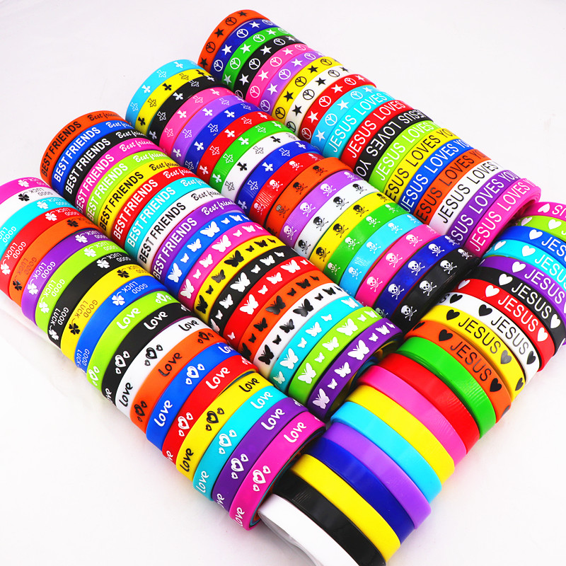 

Cuff Pack Of 100pcs Multicolor Elasticity Jesus Cross Skull Peace Butterfly Etc Style Wrist Silicone Bracelets For Children