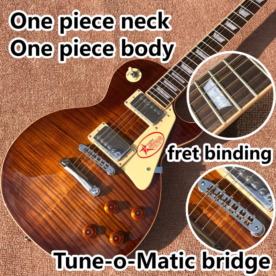 

Wholesale custom one-piece neck and one-piece sunburst body electric guitar, upgrade Tune-o-Matic bridge guitar Tiger Flame guitar smoke col