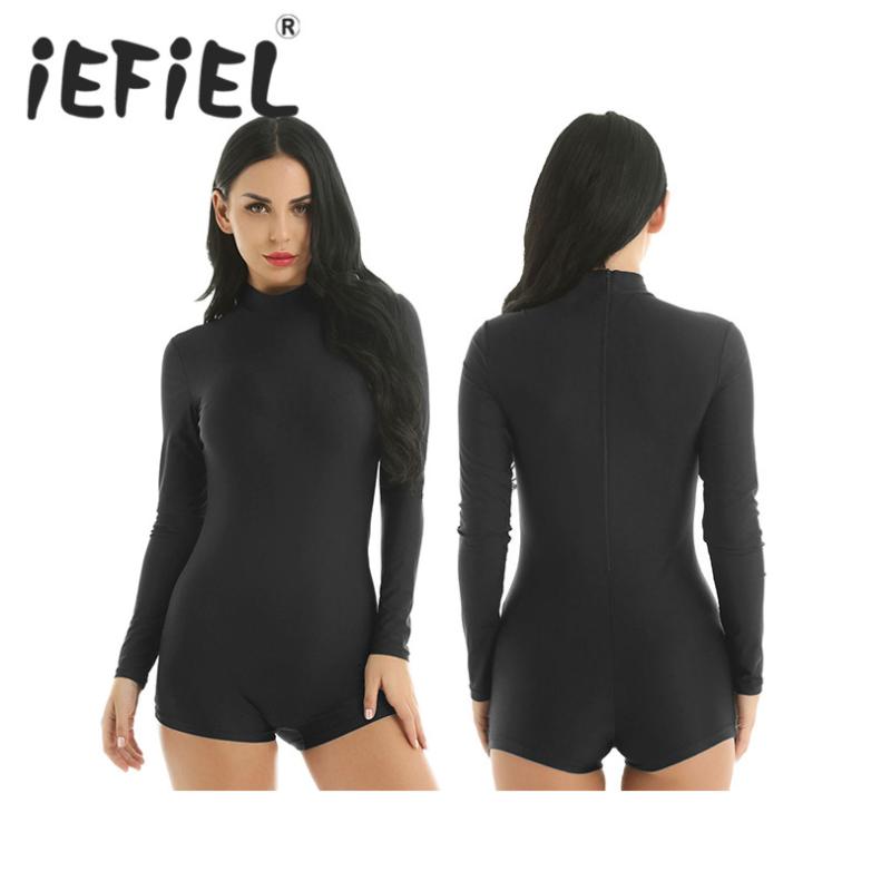

Women Adult Mock Neck Long Sleeve Solid Color Stretchy Gymnastics Ballet Dance Shorts Dance Leotards Bodysuit Jumpsuit Unitards, Black