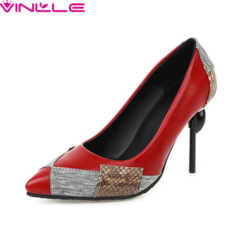 

VINLLE 2020 Sexy Thin High Heel Shallow Ladies Single Shoes Patchwork PU Leather Pointed Toe Fashion Women Pumps Big Size 34-43, Red